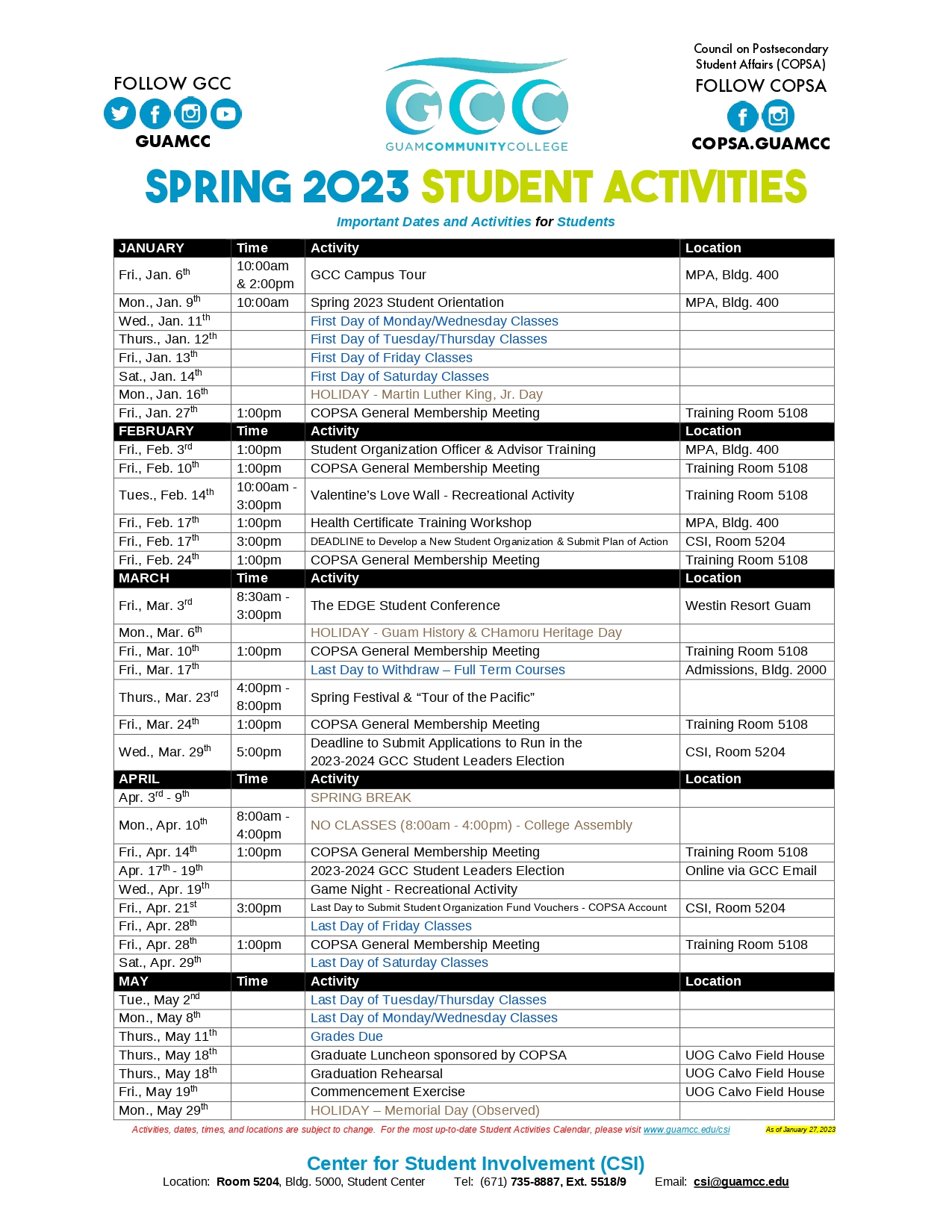 Spring 2023 Student Activities Calendar